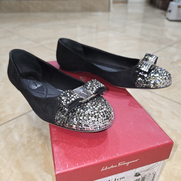 Salvatore Ferragamo Varina Jewel Swarovski Black and Silver Flats